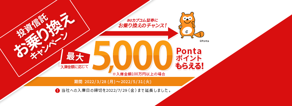 投資信託お乗り換えキャンペーン 入庫金額に応じて最大5,000Pontaポイントもらえる！